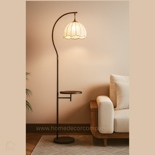 Hdc  Elegant Arc Floor Lamp with Side Table & Vintage Fabric Shade Standing Lamp with Table for Living Room, Bedroom, Office