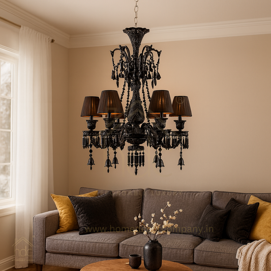 HDC 8 Light Shade Black Glass Italian Chandelier Ceiling Light Hanging - Warm White