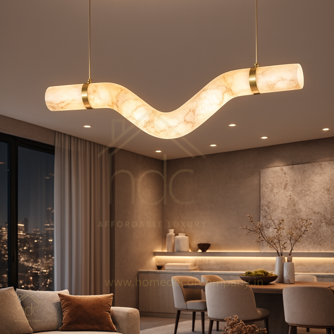 HDC 1200mm Modern Wave Imitated Marble Pendant Light Luxury Alabaster Ceiling Chandelier with Brass Finish Designer LED Hanging Light for Living Room, Dining Area & Bedroom