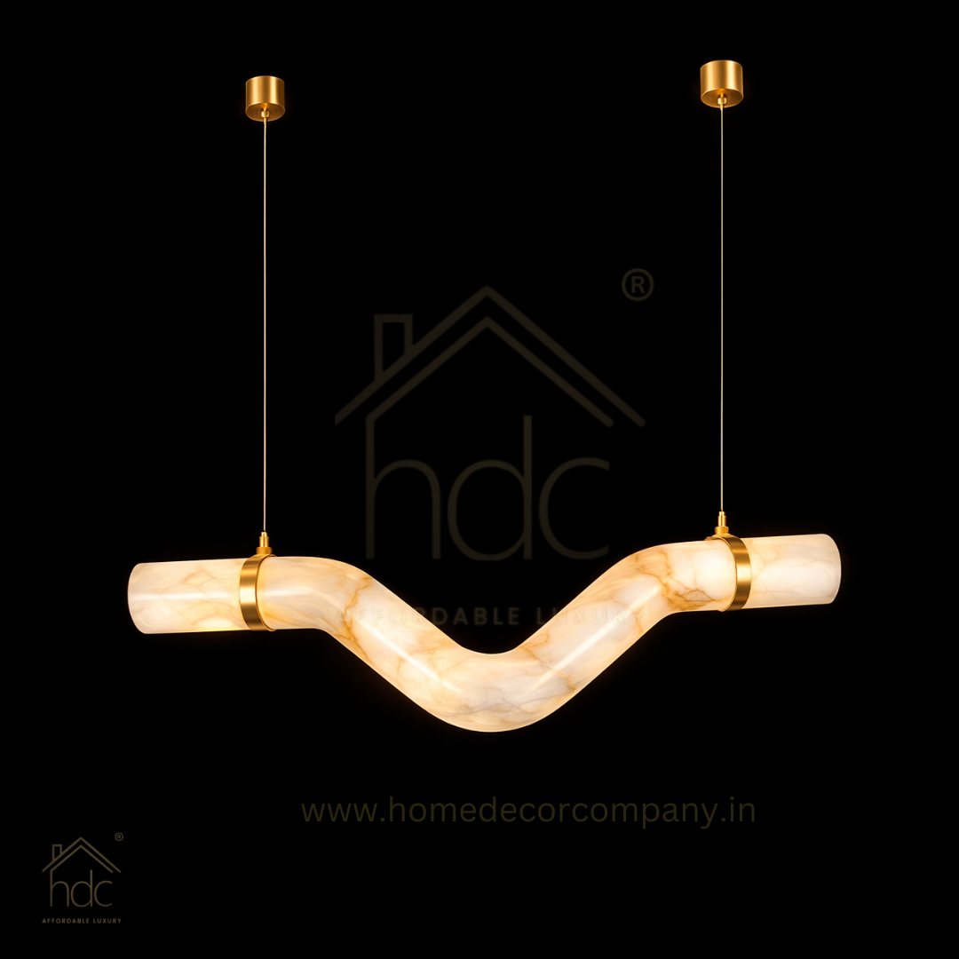 HDC 1200mm Modern Wave Imitated Marble Pendant Light Luxury Alabaster Ceiling Chandelier with Brass Finish Designer LED Hanging Light for Living Room, Dining Area & Bedroom