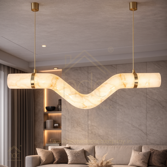 HDC 1200mm Modern Wave Imitated Marble Pendant Light Luxury Alabaster Ceiling Chandelier with Brass Finish Designer LED Hanging Light for Living Room, Dining Area & Bedroom