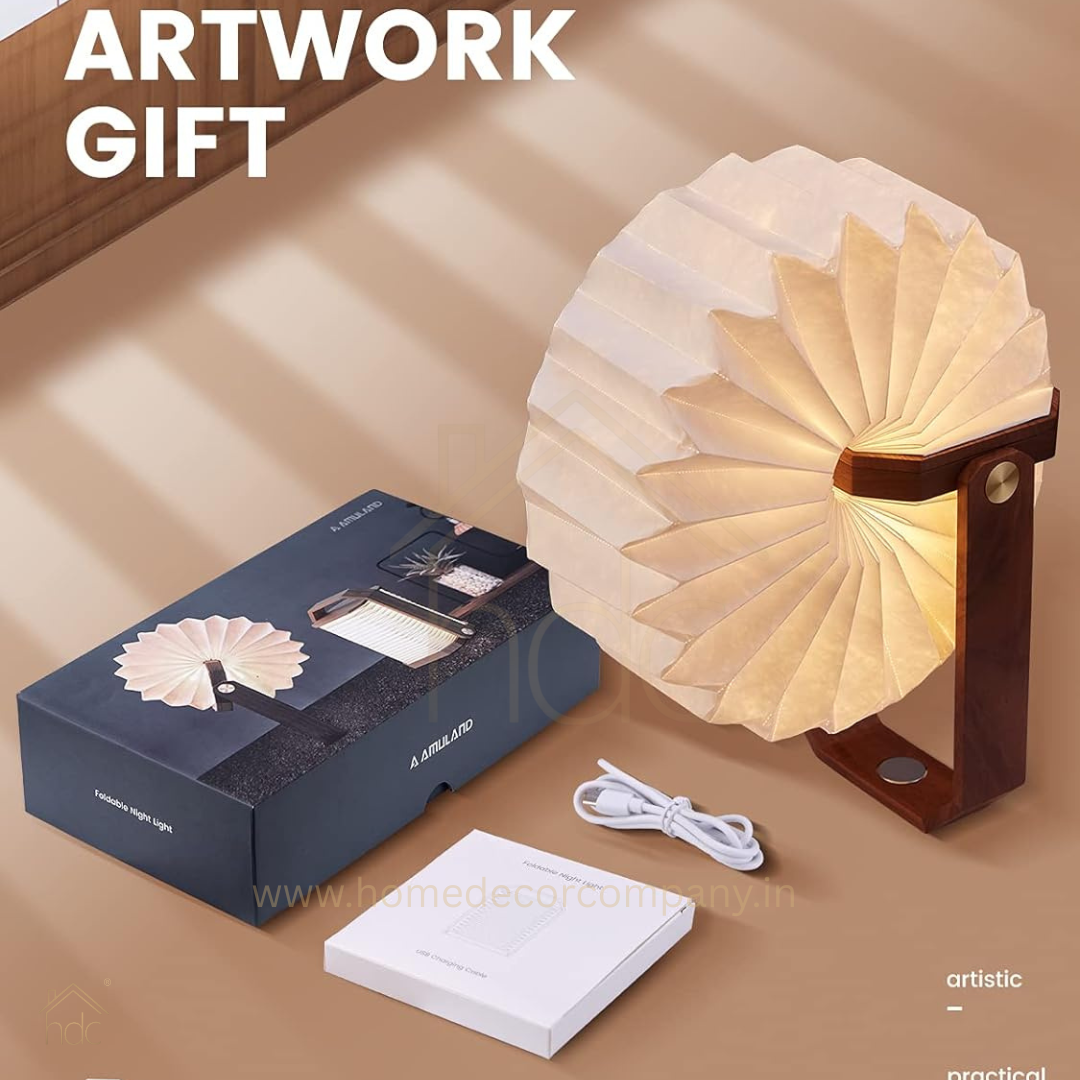 HDC Handcrafted Paper Table Lamp with Wooden Handle Warm Ambient Glow Decorative Lantern Lamp for Bedroom, Living Room & Café Décor