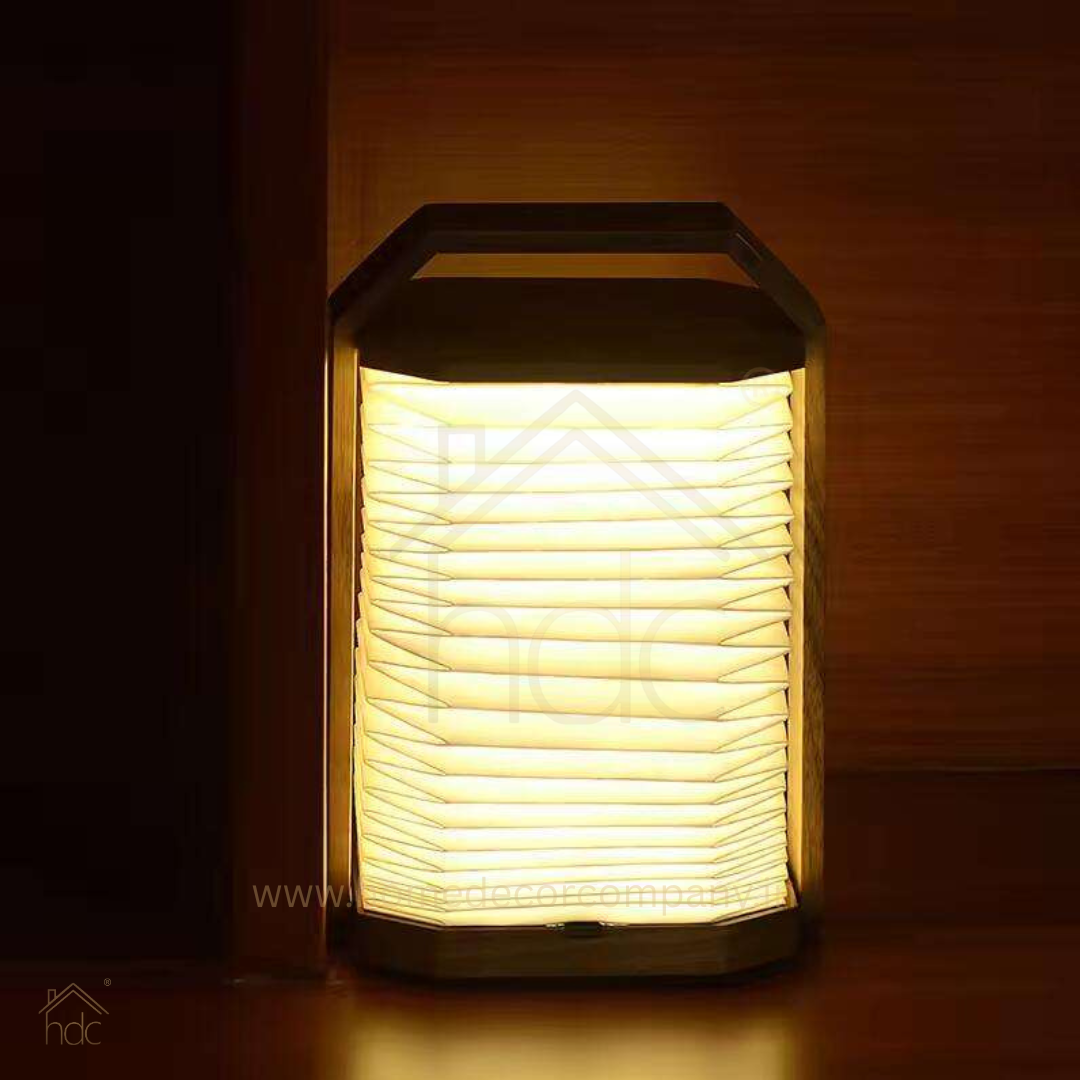 HDC Handcrafted Paper Table Lamp with Wooden Handle Warm Ambient Glow Decorative Lantern Lamp for Bedroom, Living Room & Café Décor