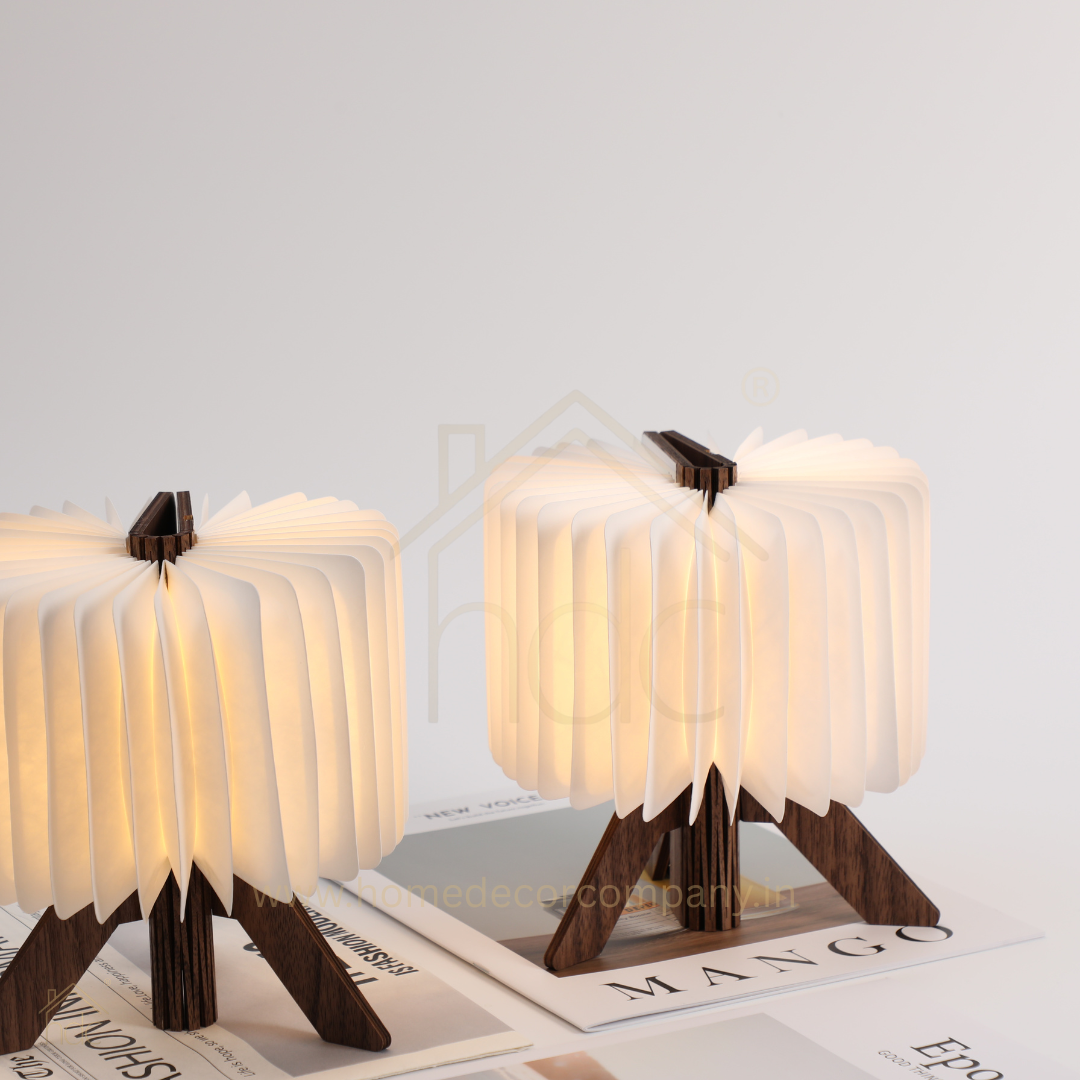 HDC Foldable Book Style Paper Table Lamp with Wooden Base 360° Ambient Light Decorative Lamp for Bedroom, Desk & Living Room