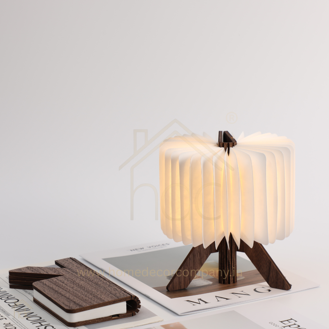 HDC Foldable Book Style Paper Table Lamp with Wooden Base 360° Ambient Light Decorative Lamp for Bedroom, Desk & Living Room