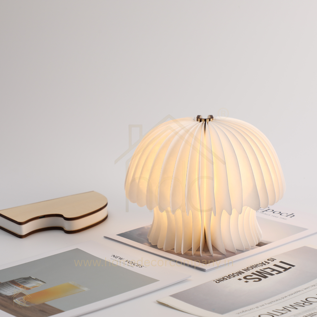 HDC Foldable Mushroom Style Paper Table Lamp 360° Warm Ambient Decorative Light for Bedroom, Bedside & Living Room