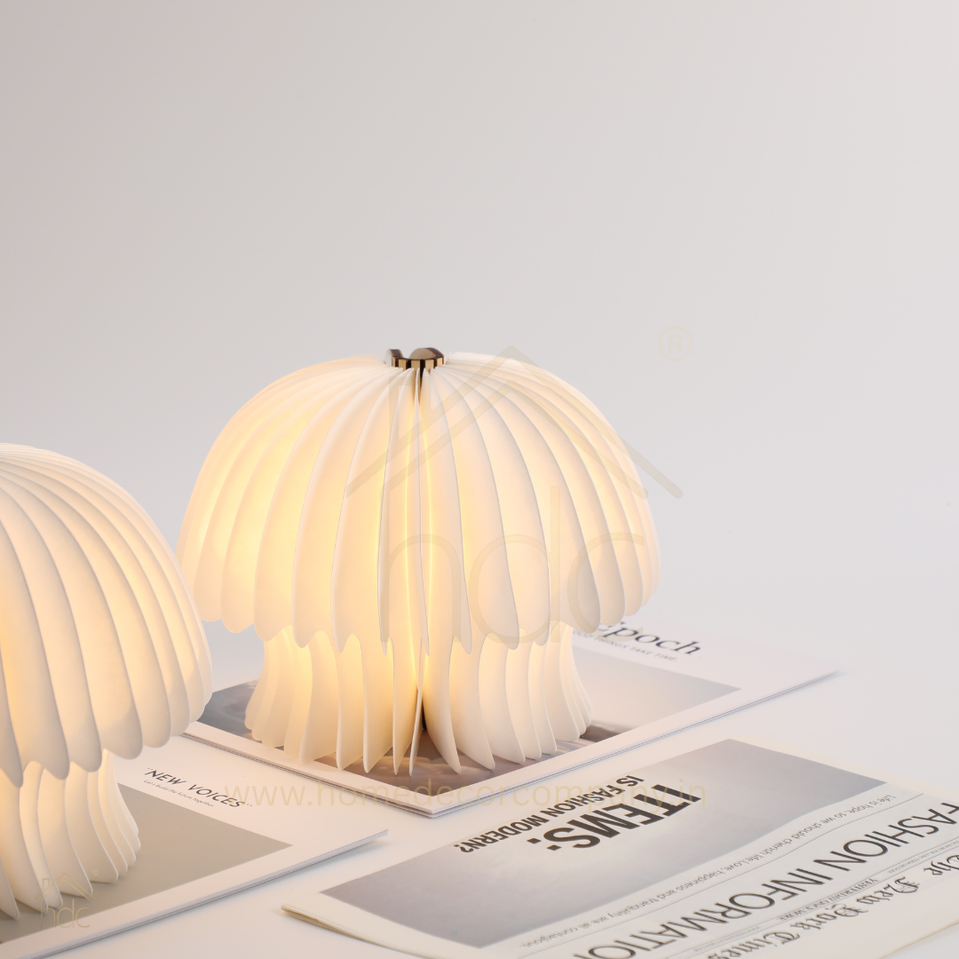 HDC Foldable Mushroom Style Paper Table Lamp 360° Warm Ambient Decorative Light for Bedroom, Bedside & Living Room