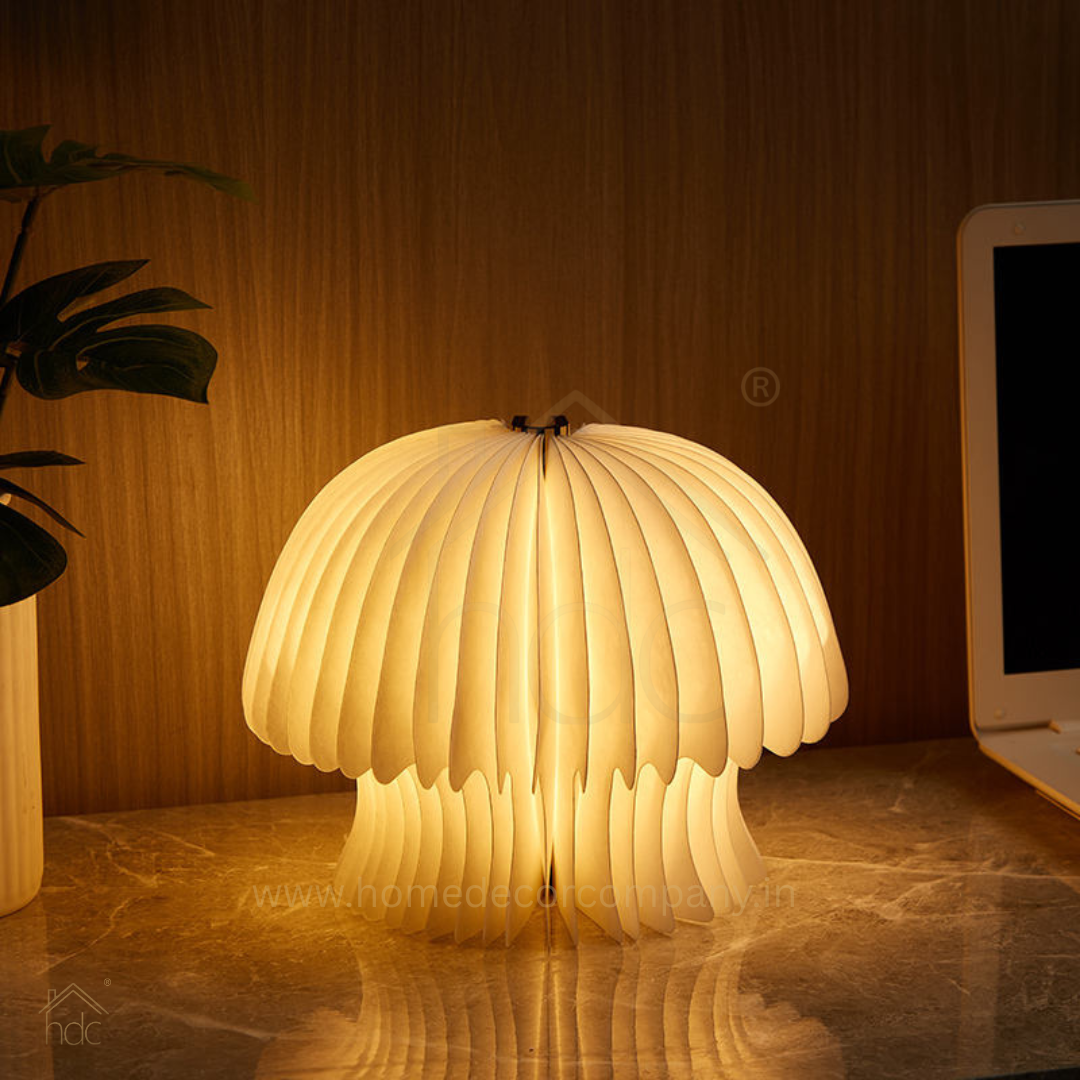HDC Foldable Mushroom Style Paper Table Lamp 360° Warm Ambient Decorative Light for Bedroom, Bedside & Living Room