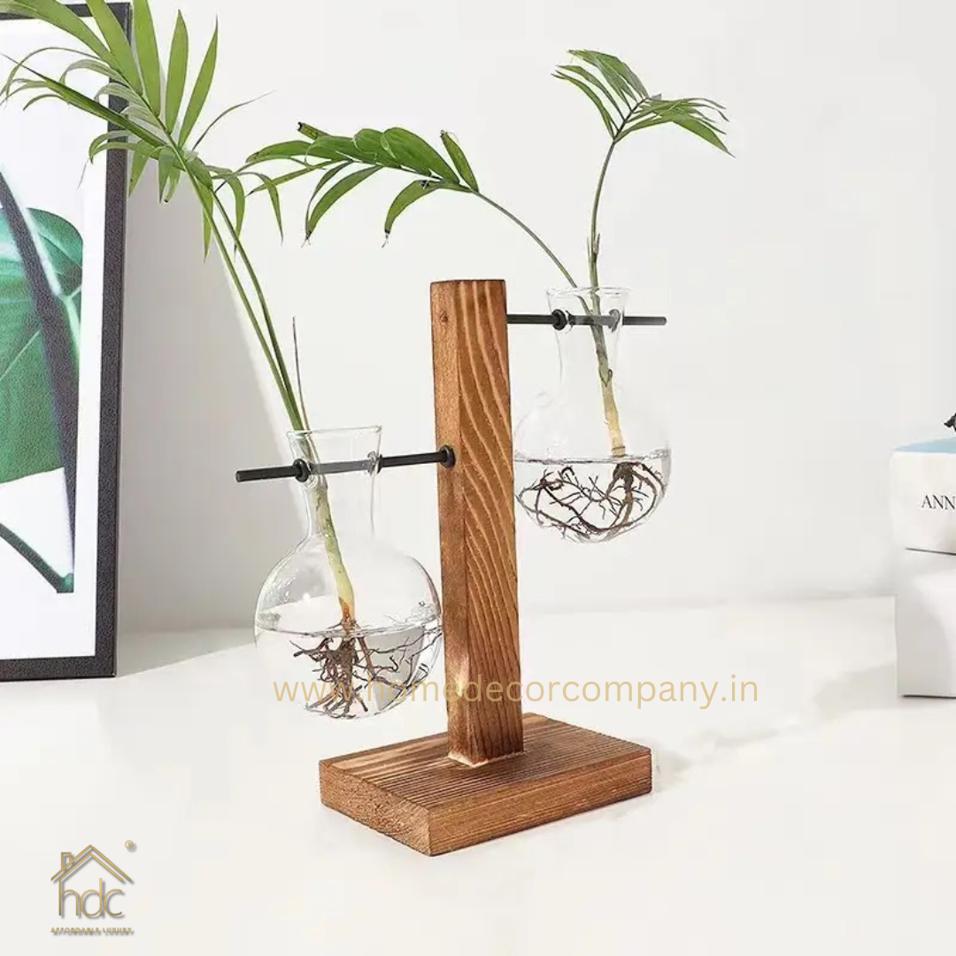 HDC Indoor Propagation Station Wooden Stand With 1 Bulb-Shaped Glass Vases Test Tube (Style 2)
