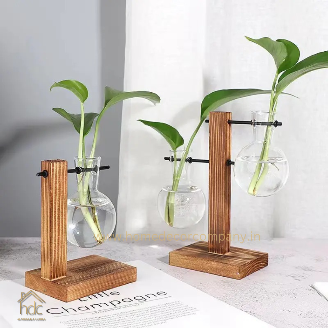 HDC Indoor Propagation Station Wooden Stand With 1 Bulb-Shaped Glass Vases Test Tube (Style 2)