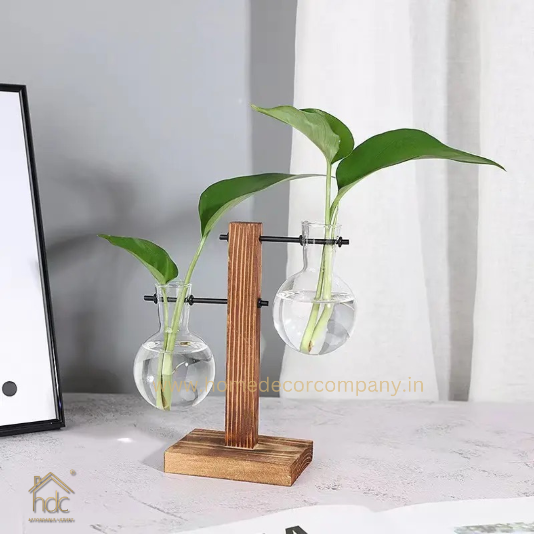 HDC Indoor Propagation Station Wooden Stand With 1 Bulb-Shaped Glass Vases Test Tube (Style 2)