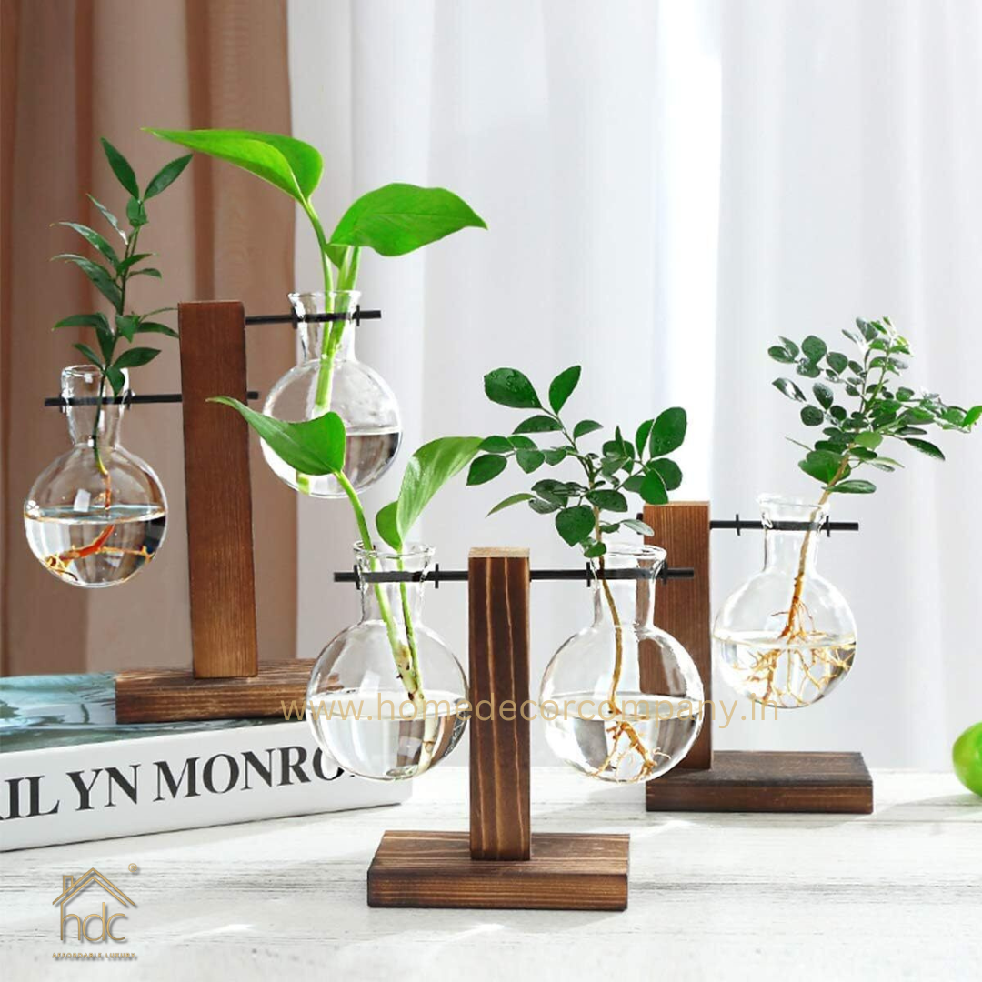 HDC Indoor Propagation Station Wooden Stand With 1 Bulb-Shaped Glass Vases Test Tube (Style 2)
