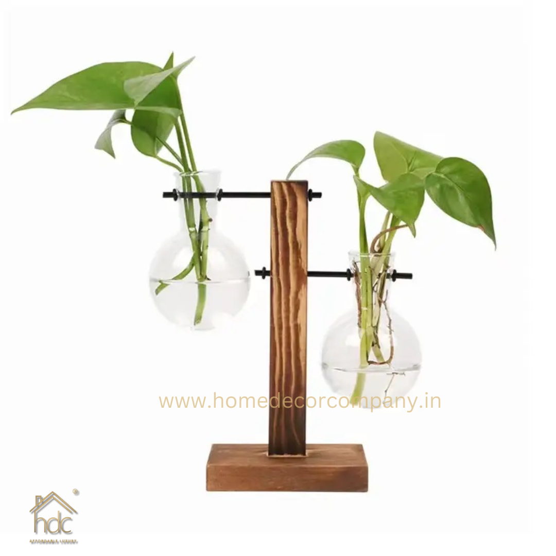HDC Indoor Propagation Station Wooden Stand With 1 Bulb-Shaped Glass Vases Test Tube (Style 2)