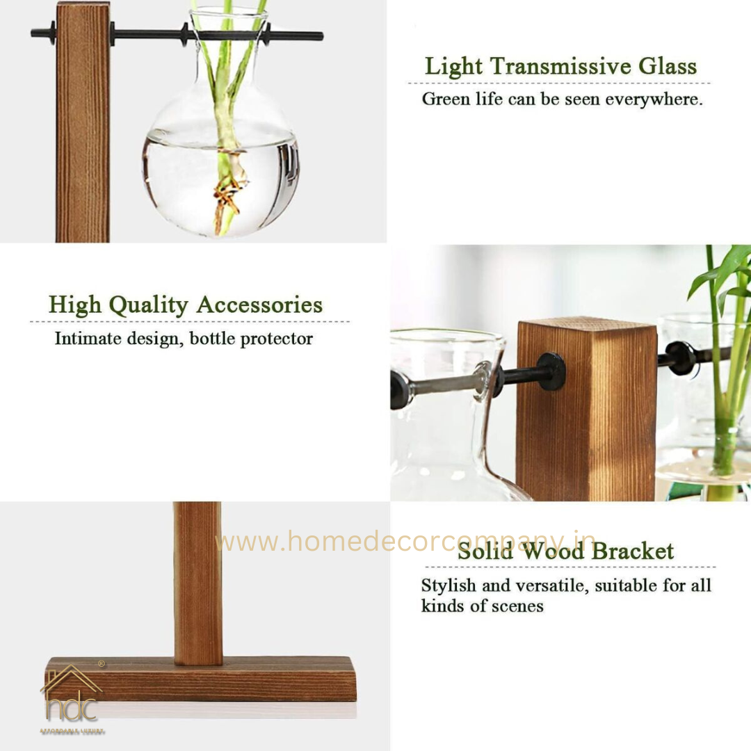 HDC Indoor Propagation Station Wooden Stand With 1 Bulb-Shaped Glass Vases Test Tube (Style 2)