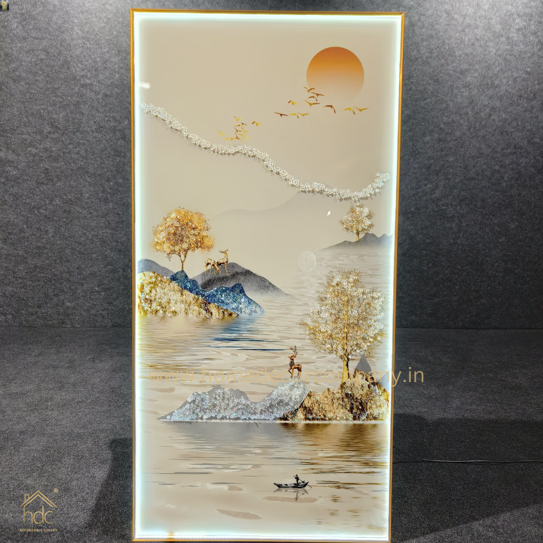 Hdc Modern Beautyful Scenery Of Mountan And  Boat Hanging Painting Living Room Three-Dimensional Flower Hallway Background LED Light Wall Art (24*48 IN)