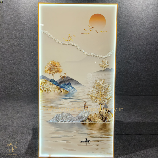 Hdc Modern Beautyful Scenery Of Mountan And  Boat Hanging Painting Living Room Three-Dimensional Flower Hallway Background LED Light Wall Art (24*48 IN)