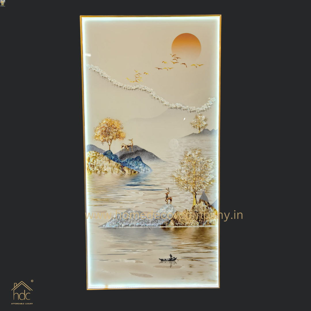 Hdc Modern Beautyful Scenery Of Mountan And  Boat Hanging Painting Living Room Three-Dimensional Flower Hallway Background LED Light Wall Art (24*48 IN)