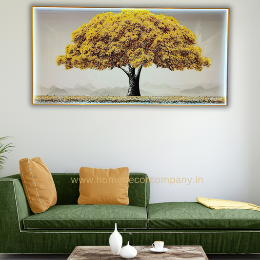 Hdc Modern Beautyful Painting Of La Grande Arbre in yellow  Living Room Three-Dimensional Flower Hallway Background LED Light Wall Art (24*48 IN)