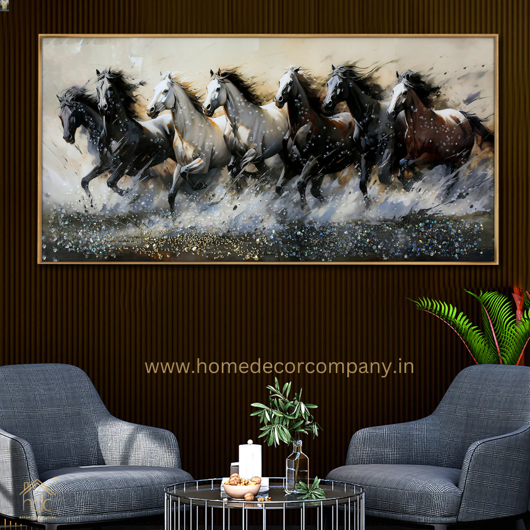 Hdc Modern Beautyful Painting Of Seven Horse Running Near Sea Shore Living Room Three-Dimensional Flower Hallway Background LED Light Wall Art (24*48 IN)