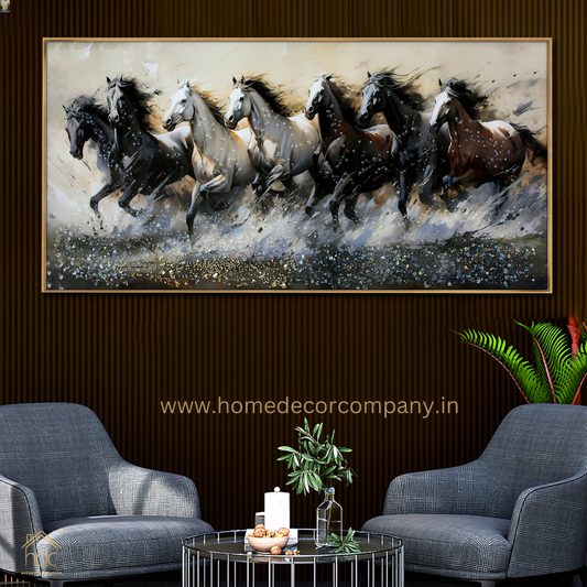 Hdc Modern Beautyful Painting Of Seven Horse Running Near Sea Shore Living Room Three-Dimensional Flower Hallway Background LED Light Wall Art (24*48 IN)