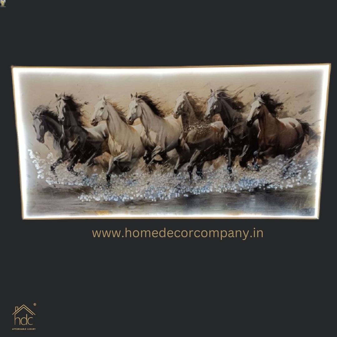 Hdc Modern Beautyful Painting Of Seven Horse Running Near Sea Shore Living Room Three-Dimensional Flower Hallway Background LED Light Wall Art (24*48 IN)