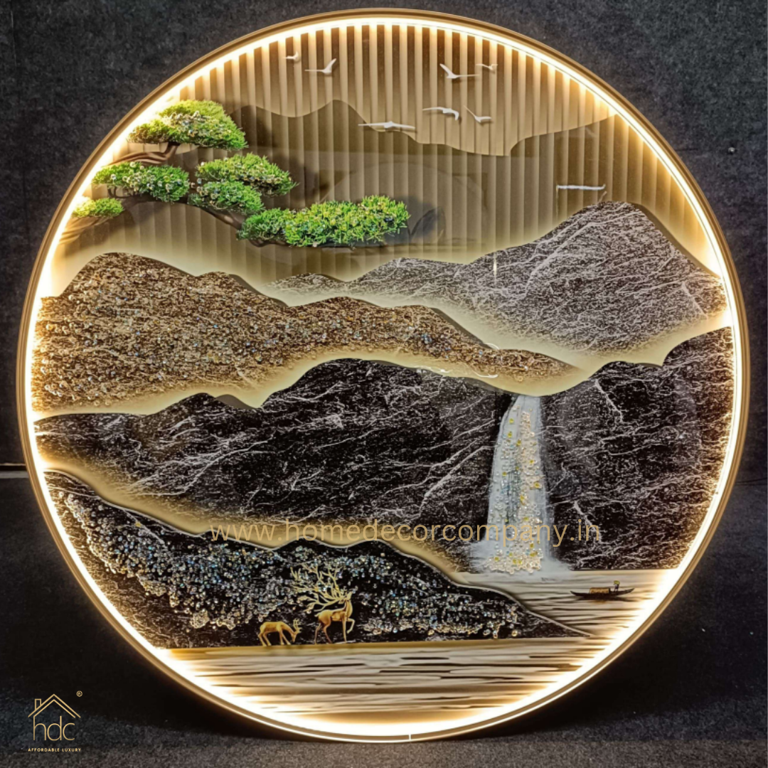 Hdc Modern Beautyful Round Nature Scenery LED Crystal Painting for Home Decor Of Living Room Three-Dimensional LED Light Wall Art (Dia-32 IN)
