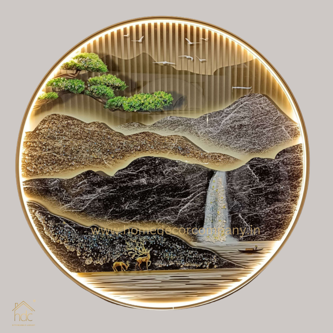 Hdc Modern Beautyful Round Nature Scenery LED Crystal Painting for Home Decor Of Living Room Three-Dimensional LED Light Wall Art (Dia-32 IN)