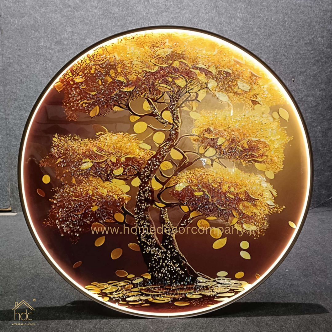 Hdc Modern Beautyful Round Golden Tree  LED Crystal Painting for Home Decor Of Living Room Three-Dimensional LED Light Wall Art (Dia-32 IN)