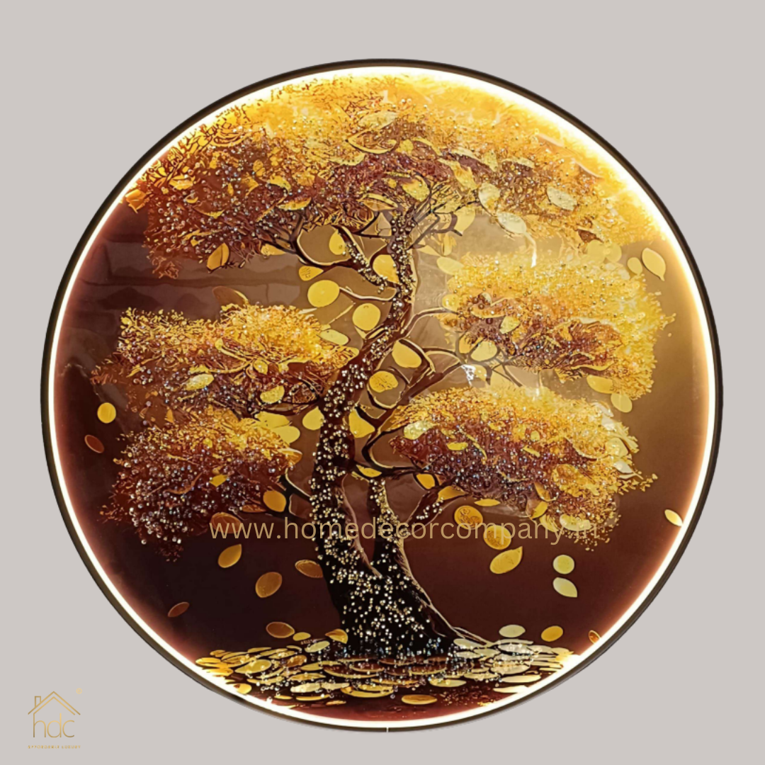 Hdc Modern Beautyful Round Golden Tree  LED Crystal Painting for Home Decor Of Living Room Three-Dimensional LED Light Wall Art (Dia-32 IN)