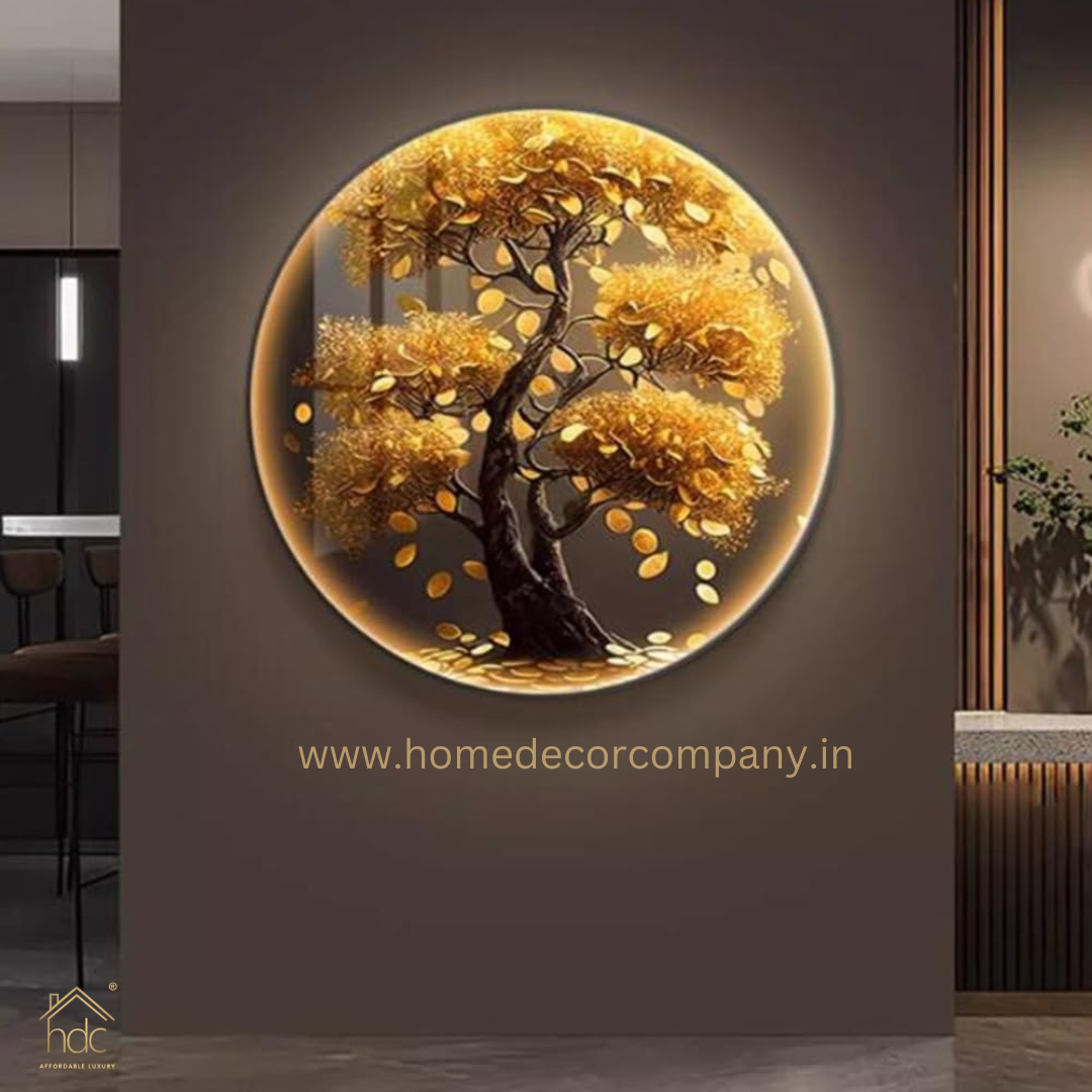 Hdc Modern Beautyful Round Golden Tree  LED Crystal Painting for Home Decor Of Living Room Three-Dimensional LED Light Wall Art (Dia-32 IN)