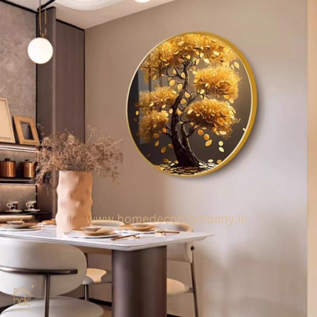 Hdc Modern Beautyful Round Golden Tree  LED Crystal Painting for Home Decor Of Living Room Three-Dimensional LED Light Wall Art (Dia-32 IN)