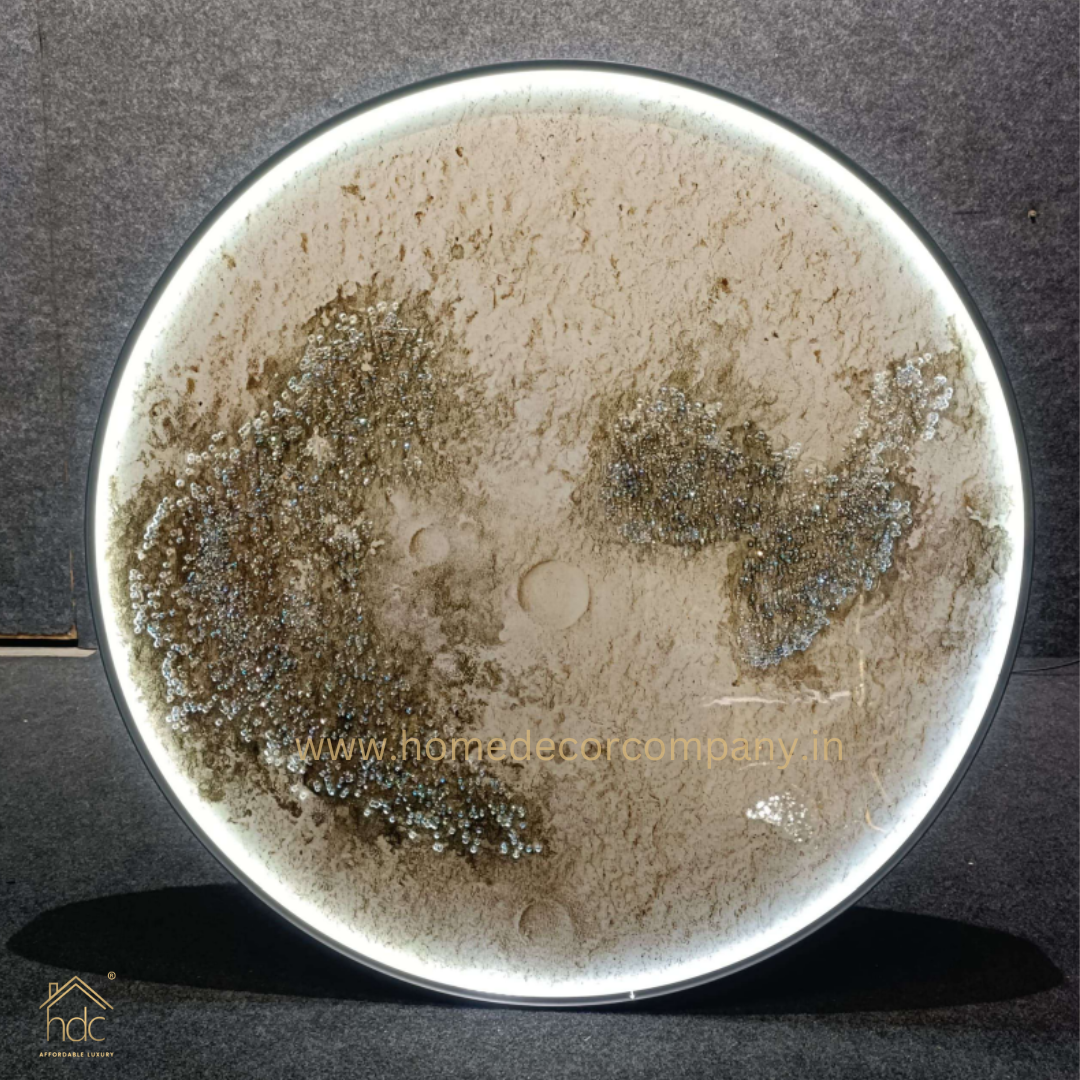 Hdc 800mm Modern Beautyful Round Moon Structure LED Crystal Painting for Home Decor Of Living Room Three-Dimensional LED Light Wall Art (Dia-32 IN)