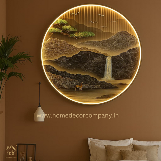 Hdc Modern Beautyful Round Nature Scenery LED Crystal Painting for Home Decor Of Living Room Three-Dimensional LED Light Wall Art (Dia-32 IN)