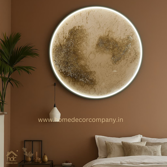 Hdc Modern Beautyful Round Moon Structure LED Crystal Painting for Home Decor Of Living Room Three-Dimensional LED Light Wall Art (Dia-32 IN)