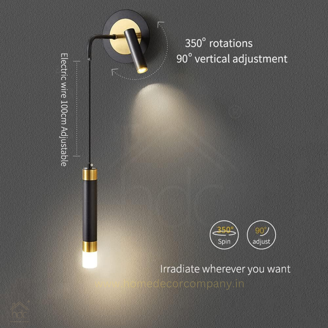 Hdc Modern Long Black Gold LED Wall Lamp with Spot for Bedside Bathroom Mirror Light- Warm White