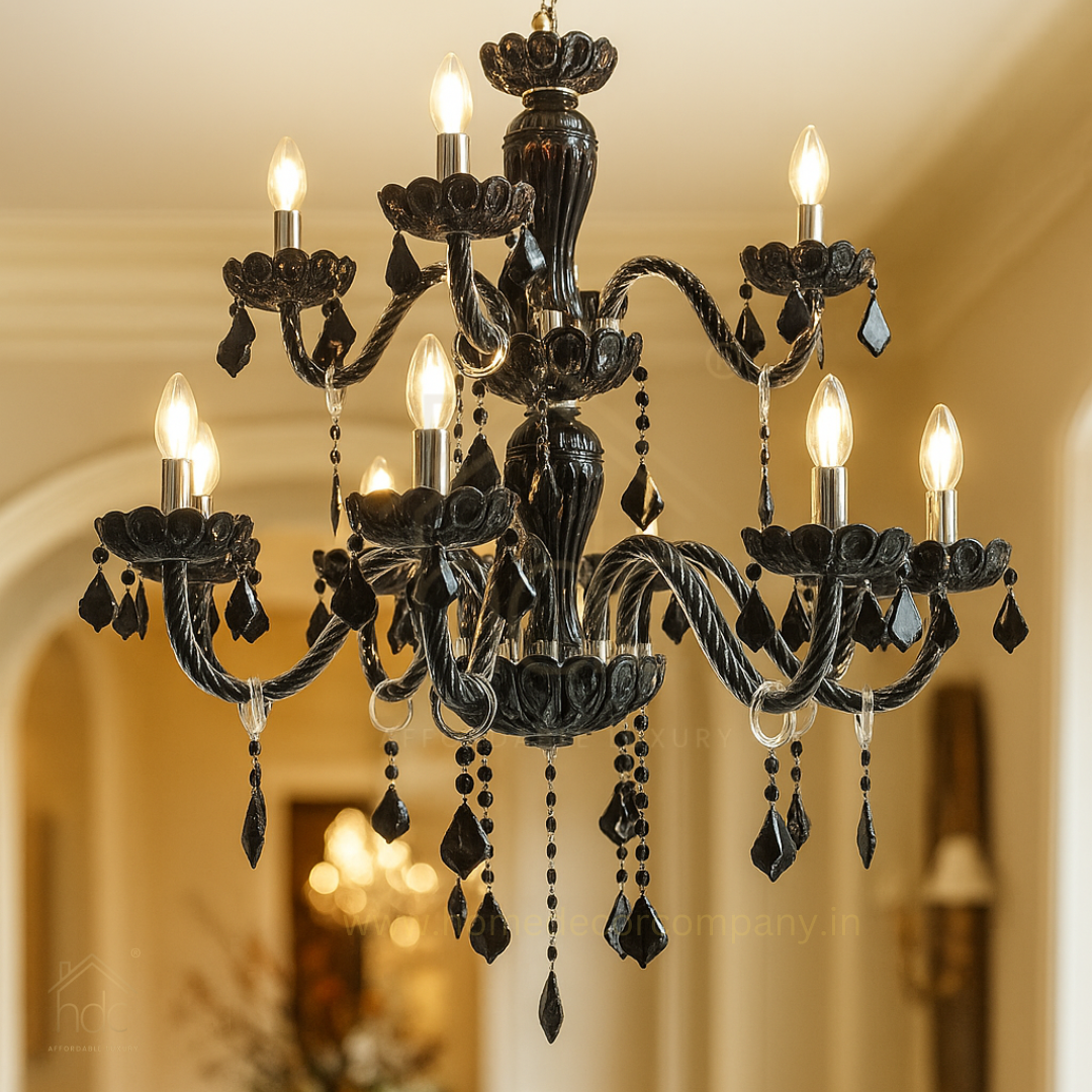 HDC 12-Light Black Glass Crystal Midnight Royale Italian Chandelier