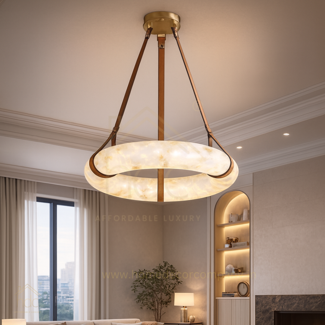 Hdc Modern Circular Imitated Marble Pendant Light Luxury Alabaster Ring Chandelier Designer LED Hanging Light for Living Room & Dining Area