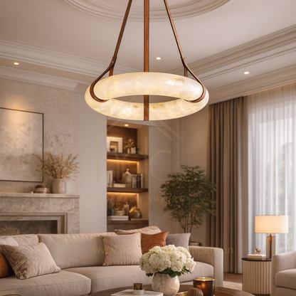 Hdc Modern Circular Imitated Marble Pendant Light Luxury Alabaster Ring Chandelier Designer LED Hanging Light for Living Room & Dining Area