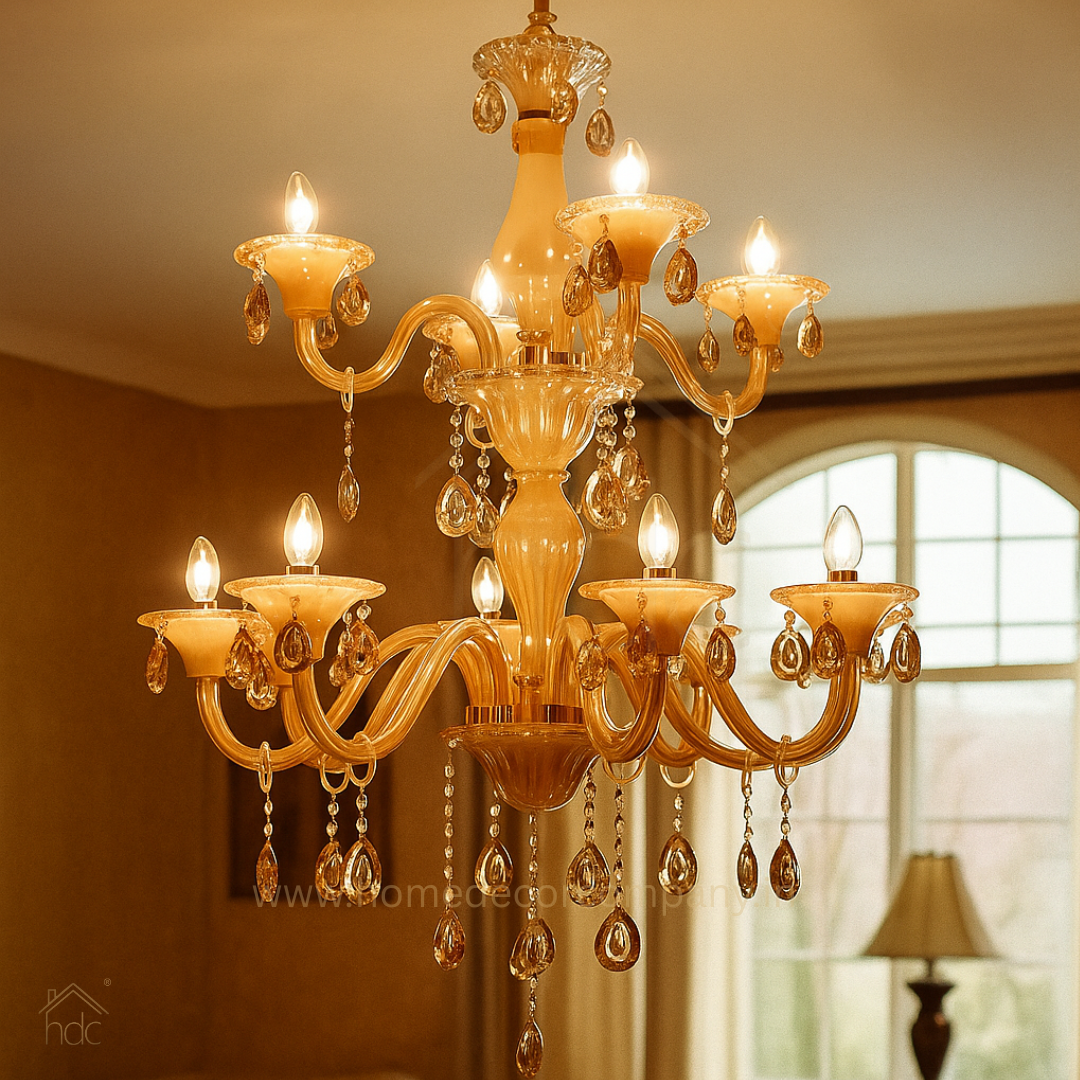 HDC 12 Lights Regal Amber Glass Crown Italian Chandelier For Living Room