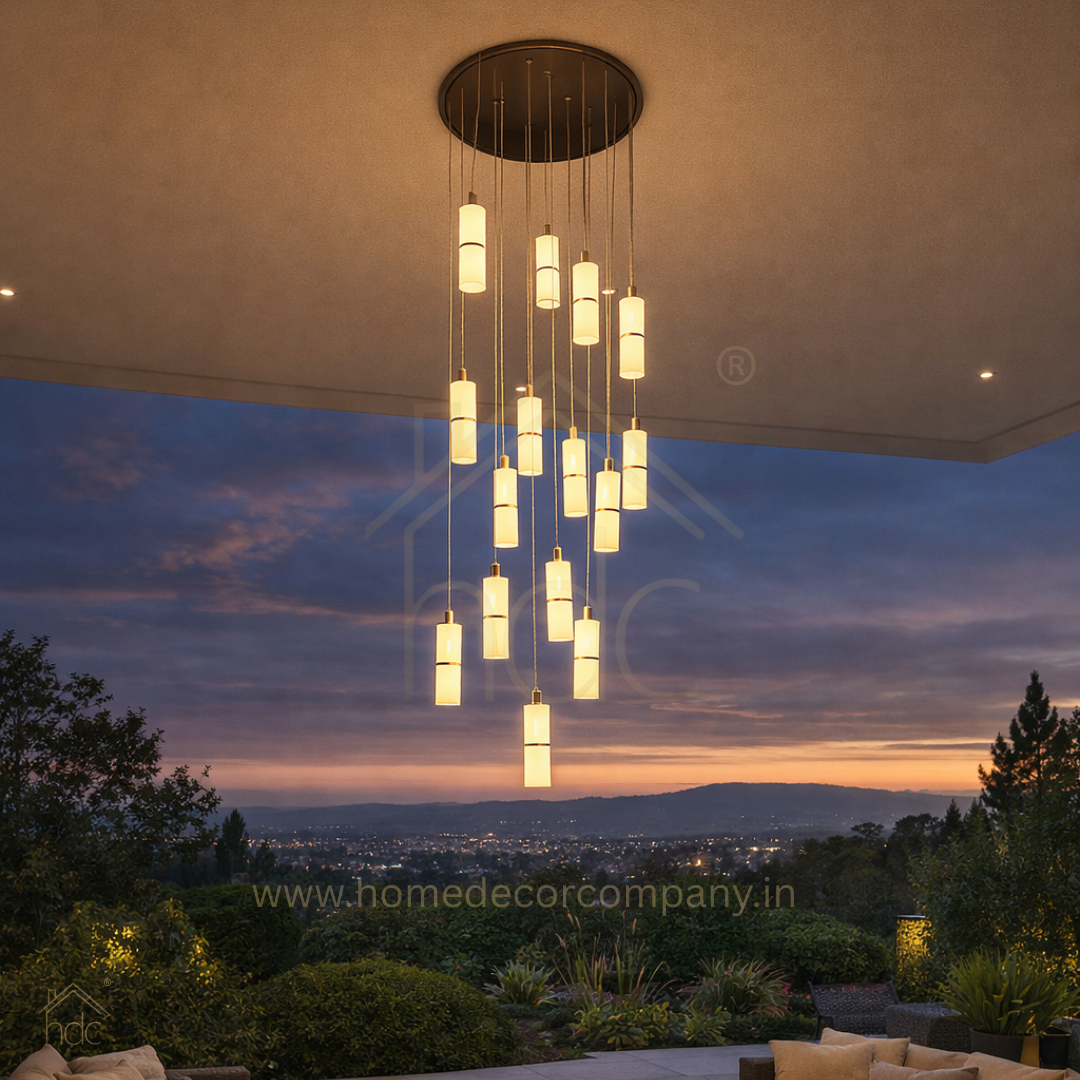 HDC Luxury 16-Light Vertical Drop Chandelier with Cylindrical Glass Shades Multi-Pendant Double Height Chandelier For Staircase