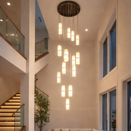 HDC Luxury 16-Light Vertical Drop Chandelier with Cylindrical Glass Shades Multi-Pendant Double Height Chandelier For Staircase