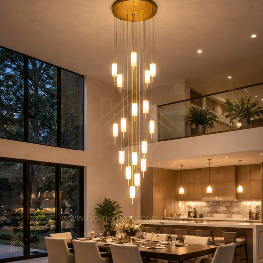 HDC Lights 16-Light Modern Cascade Chandelier in Brass Finish with Frosted Glass Cylinders Luxury Designer  Staircase Double-Height Chandelier