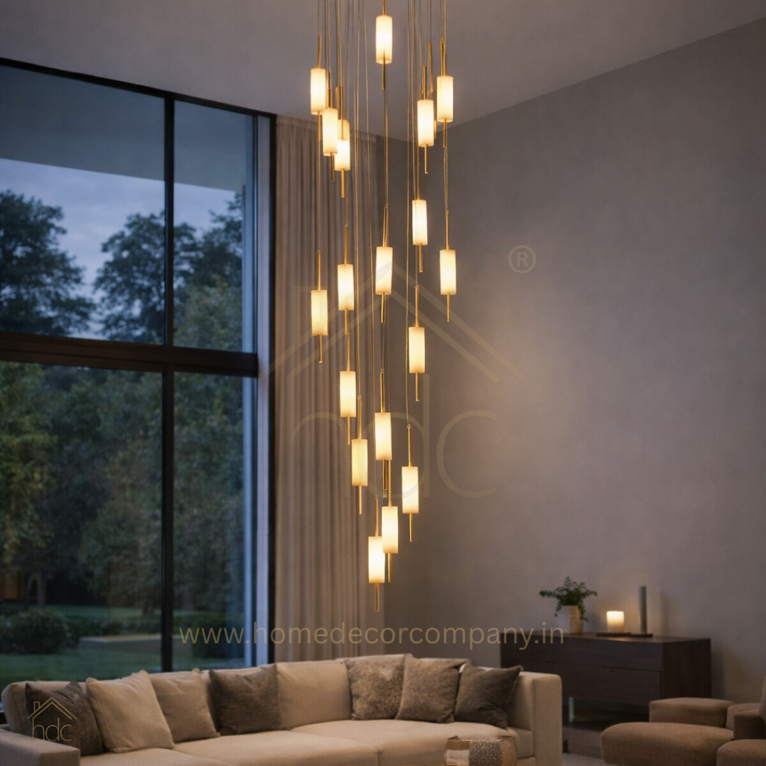 HDC Lights 16-Light Modern Cascade Chandelier in Brass Finish with Frosted Glass Cylinders Luxury Designer  Staircase Double-Height Chandelier