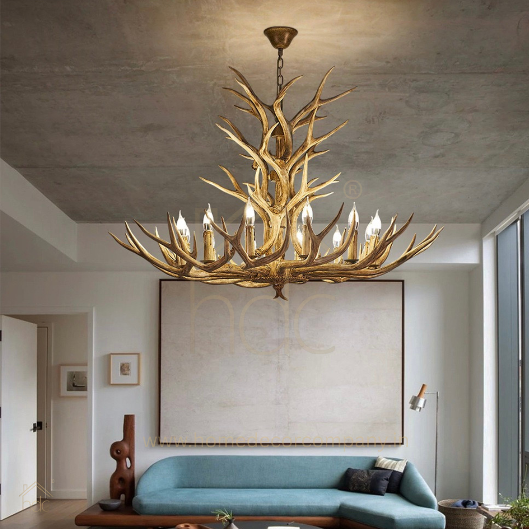 Hdc Handcrafted Antler Style Chandelier Rustic Luxury Horn Design Ceiling Light for Living Room, Dining & Villa Interiors