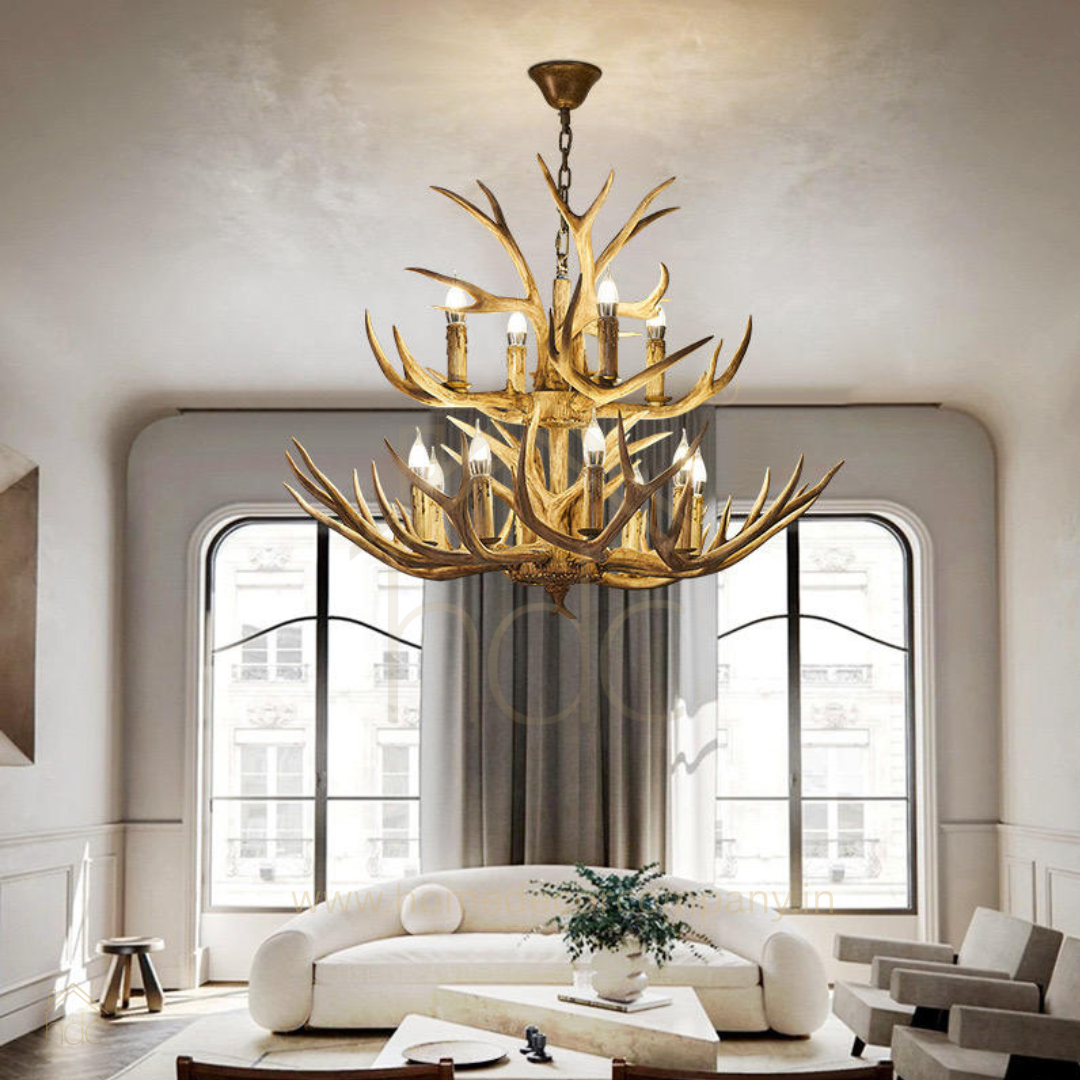 Hdc Handcrafted Antler Style Chandelier Rustic Luxury Horn Design Ceiling Light for Living Room, Dining & Villa Interiors