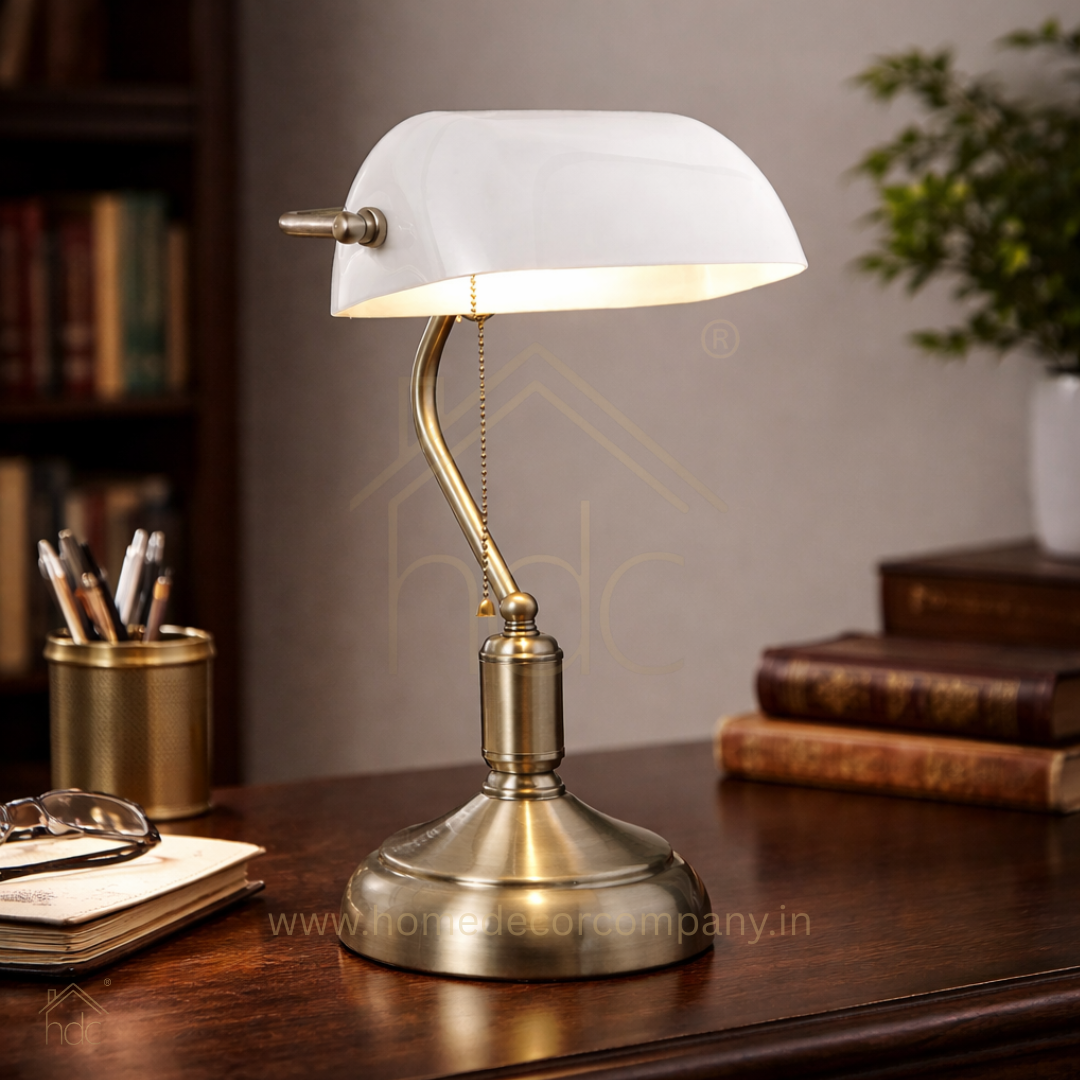 Hdc Retro Home Classic Green/White Bankers Table Lamp with Glass Shade and Brass Base