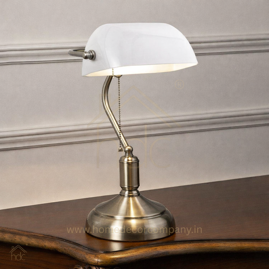 Hdc Retro Home Classic Green/White Bankers Table Lamp with Glass Shade and Brass Base