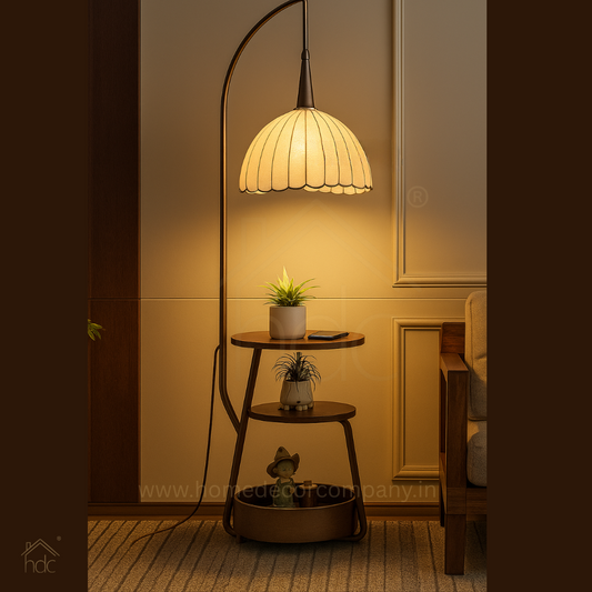 Hdc Decorative Floor Lamp with Shelves 3-Tier Wooden Storage & Fabric Shade Standing Lamp with Table for Living Room, Bedroom, Office