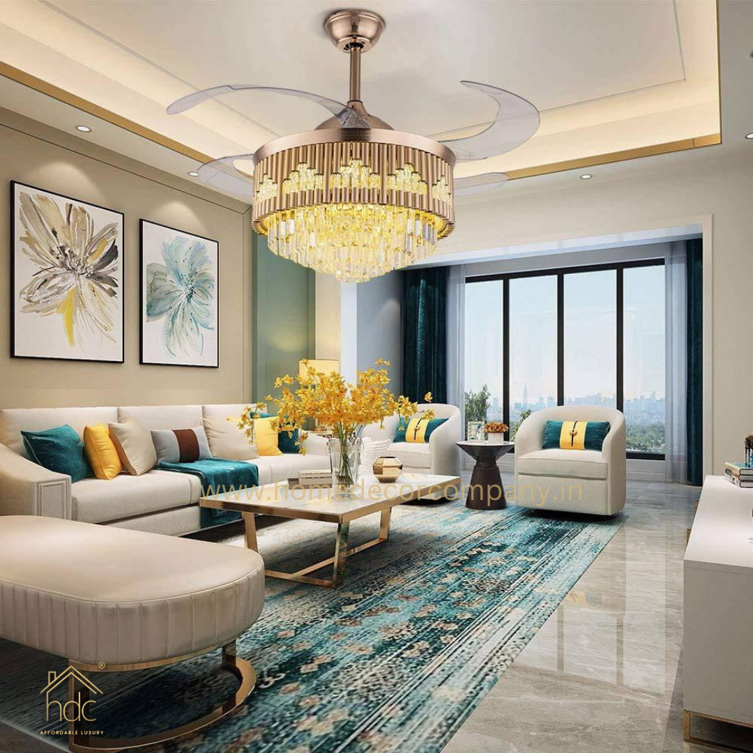 HDC Crystal Ceiling Fans with Lights Retractable Blades Remote Control Modern Luxury LED Chandelier Fan 3 Speeds 3 Color Changes Lighting Fixtures