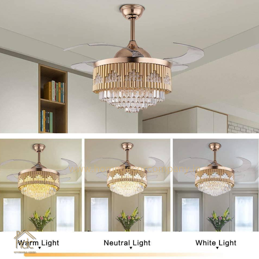 HDC Crystal Ceiling Fans with Lights Retractable Blades Remote Control Modern Luxury LED Chandelier Fan 3 Speeds 3 Color Changes Lighting Fixtures